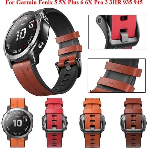 26 22mm Genuine Leather Watchband Bracelet Straps For Garmin Fenix 6 6X 5X 5 3HR 935 945 Watch Quick Release Silicone Wristbands