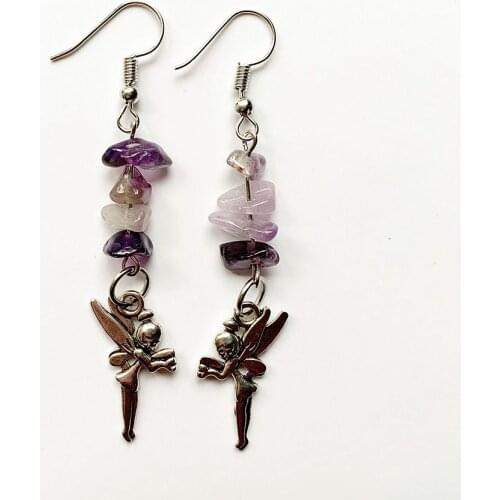 Natural Purple Crystal Quartz Chips Beads Drop Earrings Stone Alloy Plated Flower Pendant Charms Earrings Jewelry 1 Pair