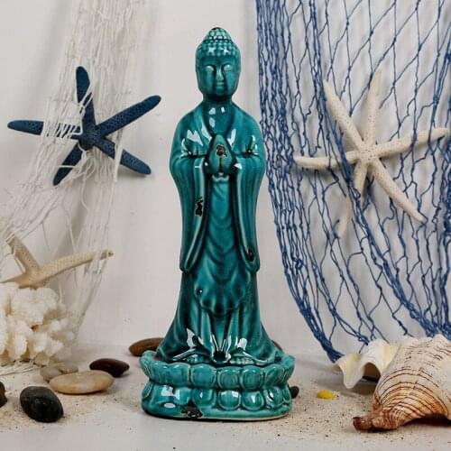 Buddha Statue Guanyin Study Room Decoration Home Decoration Ceramic Crafts Sea Blue Old Ice Crack Guanyin Blessing Ornaments