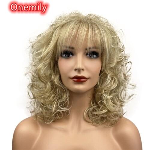 Onemily Medium Length Curly Heat Resistant Synthetic Hair Wigs for Women Girls with Bangs Party Evening Out Blonde Highlights