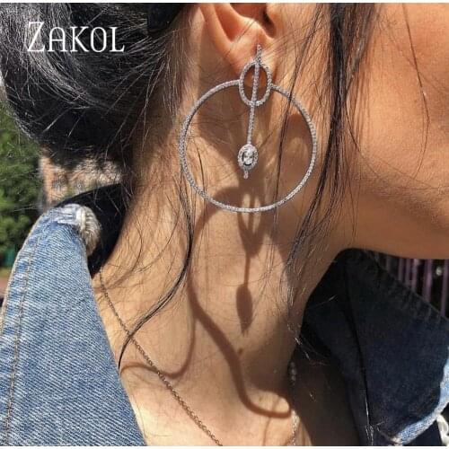 ZAKOK New Autumn Style Luxury Cubic Zircon Stud Earrings for Women Girl Fashion Big Circle Party Dress Jewelry Dropshipping