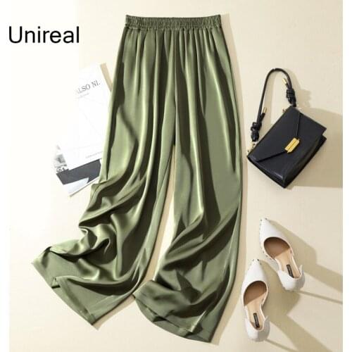 Unireal 2021 Summer Autumn Women Wide Leg Pants High Waist Trousers Vintage Satin Silk Elegant Long Palazzo Pants