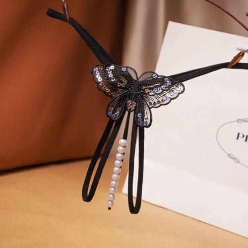 Hollow Women Sexy Thong Sequins Beaded G-strings Thongs Sexy Open Pearls Stretchy Tangas Women Butterfly Low Waist
