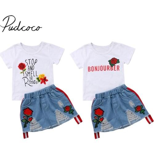 2018 Brand New New Toddler Kids Girl Summer Clothes Short Sleeve Floral T-shirt Tops+Embroider Flower Hole Denim Skirt 2PCS Set