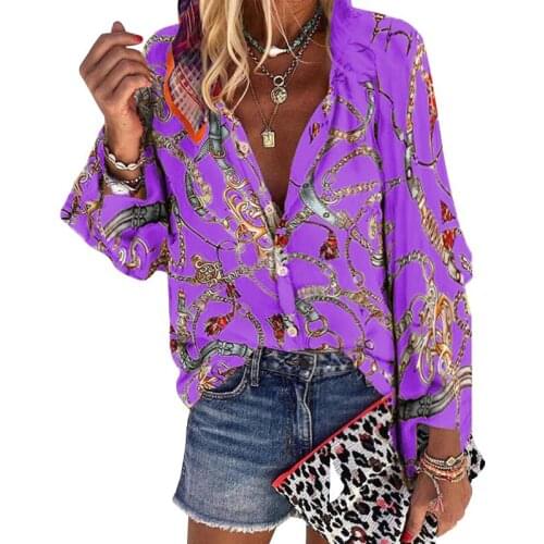2021 New Design Plus Size Women Blouse V-neck Long Sleeve Chains Print Loose Casual Shirts Ladies Tops And Blouses