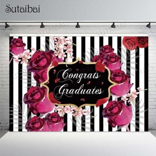 2021 Graduation Student Celebration Party Backdrop Black and White Stripes Flower Congrats Graduate Photo Background Photography