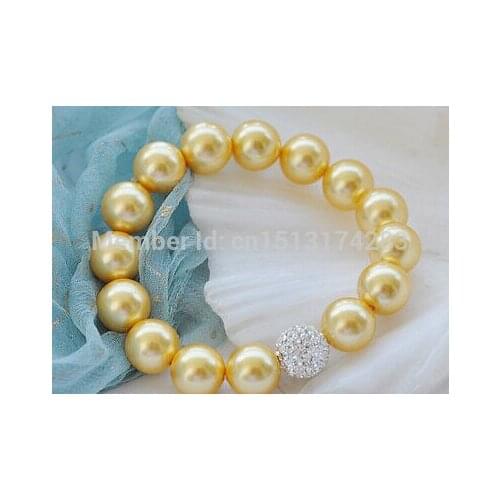 Free Shipping>>>Stretch 8" 12mm round yellow shell pearl bead bracelet