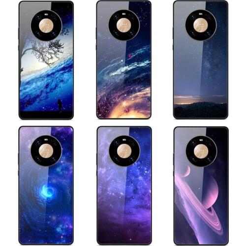 Case Huawei MATE40 PRO Phone Case Back Cover Black Silicone Bumper With Tempered Glass Star Sky Pattern