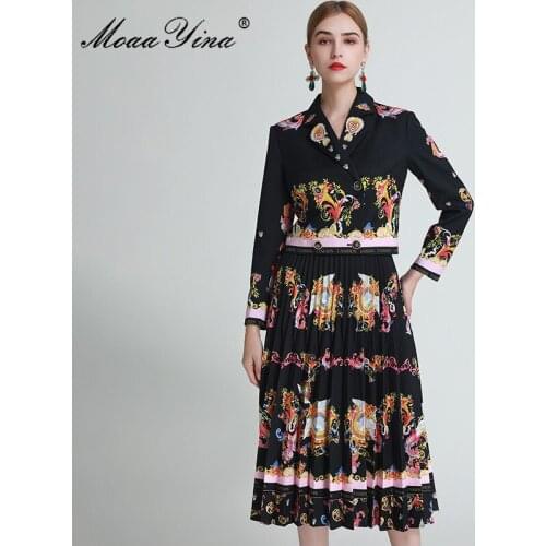 MoaaYina Fashion Set Autumn turn-down collar Long sleeve Double breasted jacket Tops+Pleated skirt Vintage Print Two-piece sets