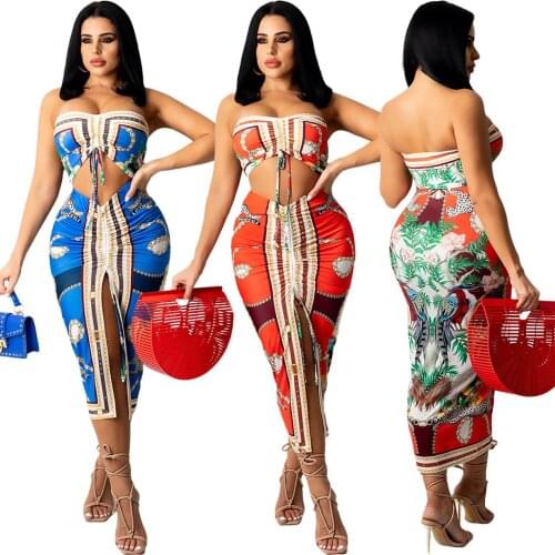 Tropical Print Crop Top & Skirt Set Two-Piece Outfits Summer Laced Ruched Top and High Slit Skirt Set Beach Wears 2021
