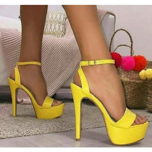 Moraima Snc Yellow Leather High Heel Shoes Open Toe Platform Ankle Strap Gladiator Shoe Summer Sexy Thin Heels Dress Shoe