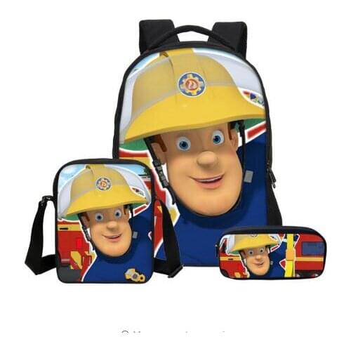 Cartoon 3Pcs/Set Portfolio For School Bag Girls Boys Fireman Sam 3D Printing Backpacks Teenage Children Bookbag Mochila Escolar