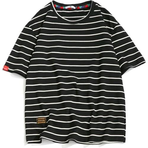 Men Short Sleeves T Shirts Casual O Neck T-shirt Black Striped Cotton 2021 Summer Top Tee Tshirt Oversize M-5XL Mens Clothes
