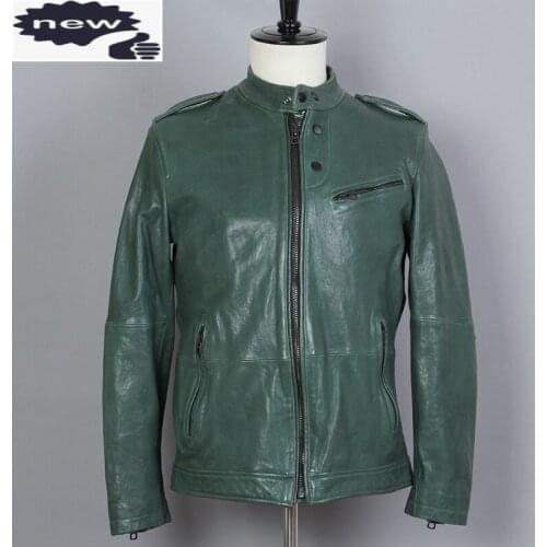 2021 Fashion Mens Genuine Leaher Jacket Green Sheepskin Stand Sollar Casual Simple Vegetable Tanned Leather Winter Coat Men