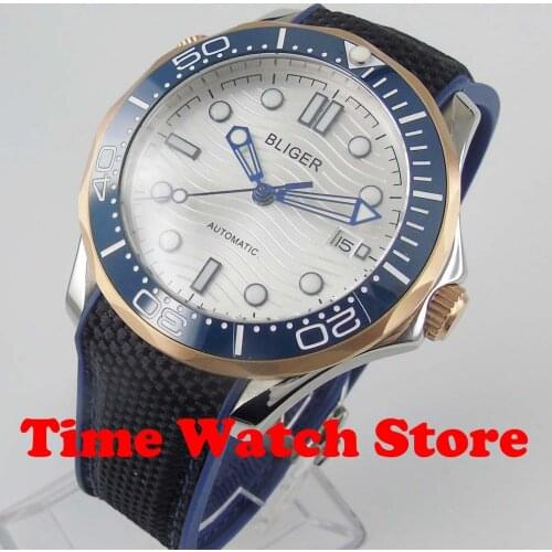 Bliger 41mm Mens Wristwatch Miyota 8215 Automatic Movement Sapphire Glass Golden Plated Case Rubber Strap Ceramic Bezel Insert