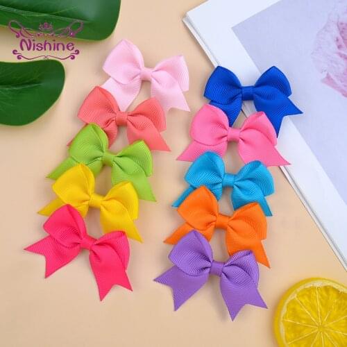 Nishine 2pcs/set 2.4 Inches Grosgrain Ribbon Bowknot Baby Girls Duckbill Clip Solid Color Infant Bangs Hairpins Kids Accessories