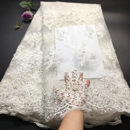 2021 Latest White Nigerian Laces Fabrics With Beads High Quality Tulle African Laces Fabric Wedding African French Tulle Lace