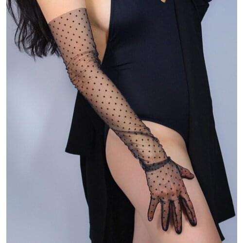 Womens sexy transparent dot print long black mesh glove female summer sunscreen club party dancing glove R1998