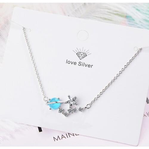 925 Sterling Silver Fashion Star Planet Pendant Chain Necklaces Blue Crystal Cubic Zircon Necklace Choker collares S-N449