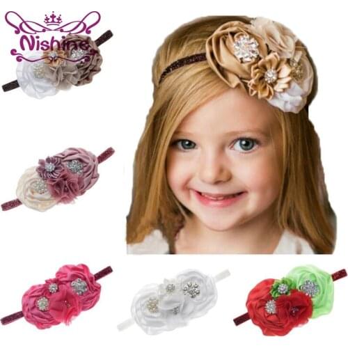 Nishine Girls Rose Flower Headband Kids Rhinestone Hairband Chiffon Ribbon Flower Elastic Headwear Children Hair Accessories