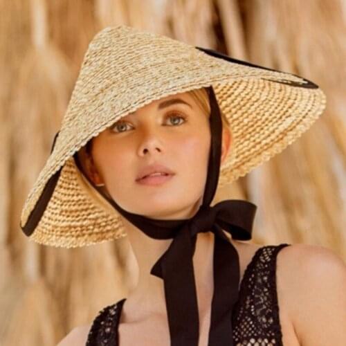 Customized Natural Wheat Straw Hat Handmade Sun Hats Female Summer Bucket Sun Protection Fashion Stage Catwalk Straw Travel Cap