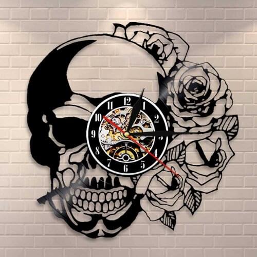 Skeleton Skull Thorn Roses Vinyl Record Wall Clock Tattoo Skull with Rose Wall Art Wall Clock Gothic Home Decor Wall Watch Clock