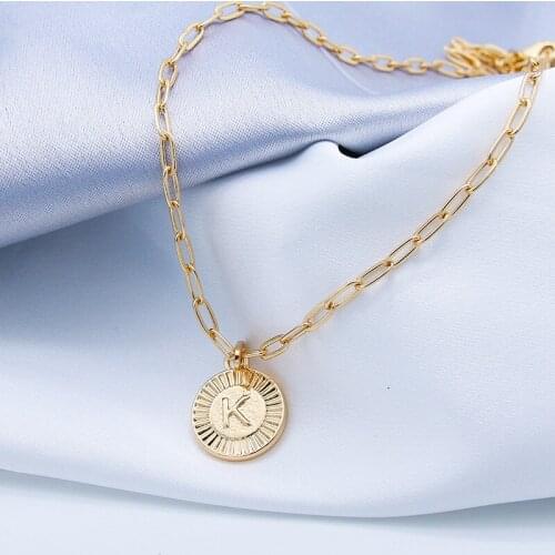 SRCOI Geometric Round A-Z Letter Double-Sided Pendant Necklace Choker Simple Fashion Flat Oval Link Chain Women Party Jewelry