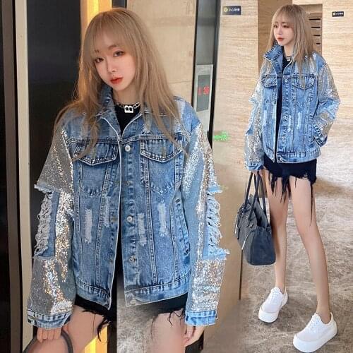 2021 Jacket Denim Fashion Loose Real Shot For Women Sequin Hole Free Shipping
