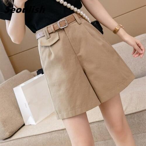 Seoulish Summer 2021 New Casual Womens Cargo Shorts with Belted High Waist Chic Wide Leg Short Elegant Loose Trousers Pocket