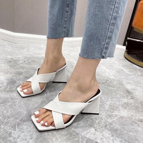 Block Heels Sandals for Women Slip-on 2021 New Peep Toe Slingbacks Roman Leopard Grain Ladies High Heels Party Slip-on