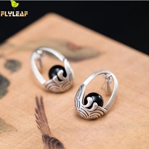 Retro Black Agate Stud Earrings For Women 925 Sterling Silver Ethnic Style Female Vintage Jewelry Original Handmade 2021 New