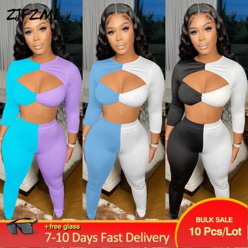 Bulk Items Wholesale Lots Two Piece Suit for Women Contrast Color Spliced Cut Out Long Sleeve Crop Top and Elastic Hight Pants