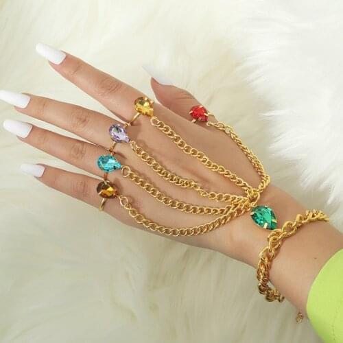 Fashion Chain & Link Bracelets Drop Punk Gold Color Women Metal Hand Harness Chain Crystal Slave Finger Ring Boho Jewelry Gift