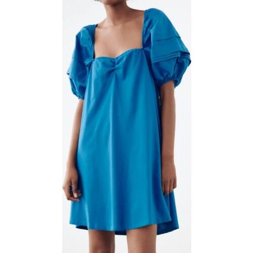 Za Fashion Blue Bubble Sleeve square neck mini dress 2021 summer new sexy backless bow hollow out womens dress