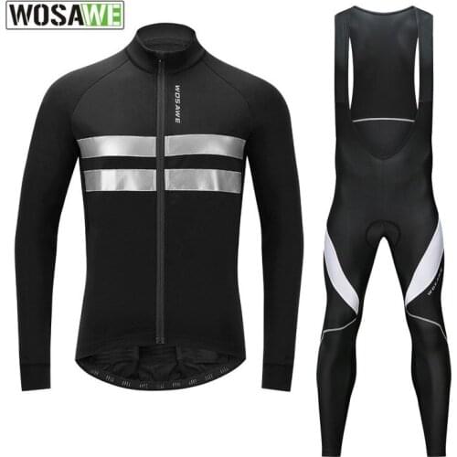 WOSAWE Winter Reflective Cycling Jersey Set 2020 Long Sleeve Bike Jersey Bib Pants Thermal Warm Windproof MTB Cycling Clothing