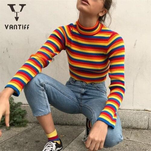 2020 Spring Long Sleeve Color Stripe Slim Knitwear Female Women Hoodie Sweatshirt Goth Clothes Girl Bottom Shirt for Female