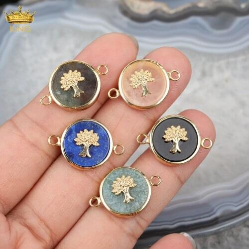 5Pcs/Lot Natural Labradorite Lapis Stone Gold Bracelet Connector Charms,With Gold Trees Round Charms For DIY Jewelry Accessories