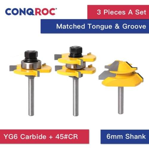 3 Pieces 6mm Shank Matched Tongue and Groove Router Bits 3 Teeth T-Slot & 45 Degree Tenon Joint Wood Router Bits Set