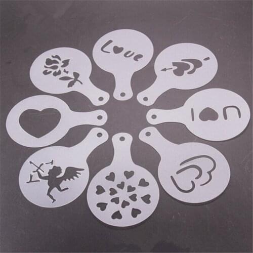 8pcs/set Mold Coffee Milk Cake Cupcake Stencil Template Coffee Barista Cappuccino Template Strew Pad Duster Spray Tools 4N1135