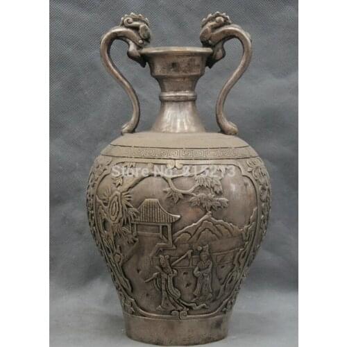 Bi00762 9" Chinese Bronze silver Hand-folk Vase carved Two Dragon Statue