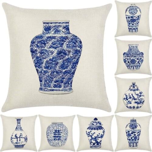 Pillow Case Breathable Porcelain Pattern Flax Square Throw Cushion Cover for Home