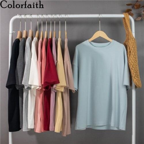 Colorfaith New 2021 Women Spring Summer T-Shirts Solid Bottoming Oversize Fashionable Minimalist Korean Wild Lady Tops T1789