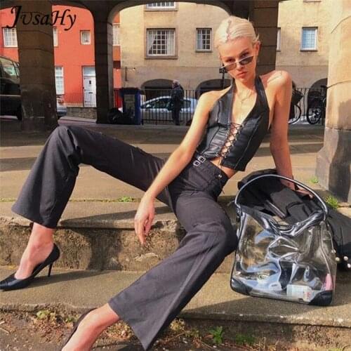 JusaHy Punk Style Y2K Black Leather Crop Top Women Banadage Hollow Backless Tank Tops 2021 Summer Vest Fashion Club Party Wear