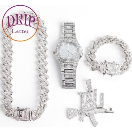 White Gold Plated Brass CZ Stones Hip Hop Jewelry Set (Necklace+Bracelet+Watch+Pendant)