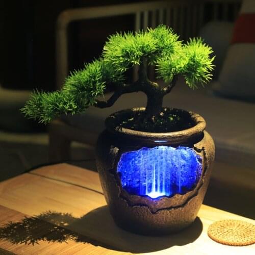 Creative Indoor Resin Flower Pot Flowing Water Waterfall Statue Feng Shui 7-Color Led Change Home Garden Simulation Crafts