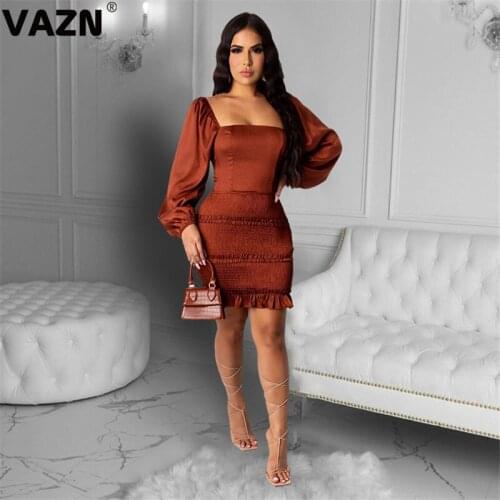 VAZN 2020 New Arrival Parity Sexy Club Elegant Young Solid Bandage Top Backless Full Sleeve Women High Waist Thin Midi Dress
