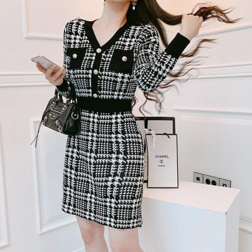 2020 Autumn and Winter V-neck Long Sleeve Corset Patchwork Houndstooth Streetwear Casual Elegant Knit Sweaters Dress for Ladies