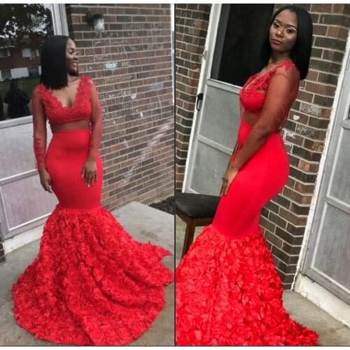 African Black Girls Red Mermaid Prom Dresses 2019 Sexy Sheer Waist Appliques Long Sleeve 3D Flowers Train Women Party Gowns