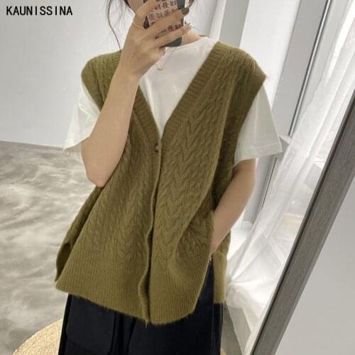 Autumn Knitted Sweater Vest Women Casual Cardigan Vests Girls Student Button Sleeveless Vintage Waistcoat Spring Ladies Tops
