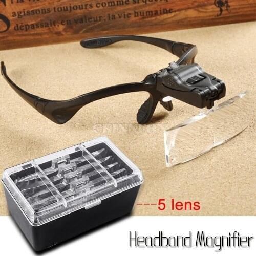 DHL 20PCS Bracket 5 Lens 1X 1.5X 2X 2.5X 3.5X Magnifier Loupe Glasses 2 LED Lights Eye Magnification Goggles Magnifying Tool